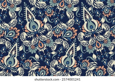 Damask seamless pattern,Ikat floral seamless pattern on blue background,vector illustration,Ikat ethnic oriental embroidery,Aztec style,baroque.design for texture,fab,clothing,decoration,fashion,print