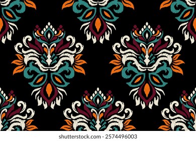 Damask seamless pattern,Ikat floral seamless pattern on black background,vector illustration,Ikat ethnic oriental embroidery,Aztec style,baroque.design for texture,fab,clothing,decoration,fashion,tile