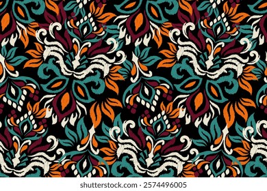 Damask seamless pattern,Ikat floral seamless pattern on black background,vector illustration,Ikat ethnic oriental embroidery,Aztec style,baroque.design for texture,fab,clothing,decoration,fashion,tile