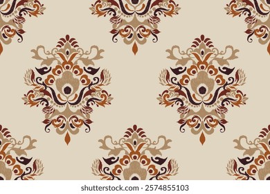 Damask seamless pattern,Ikat floral seamless pattern on brown background,vector illustration,Ikat ethnic oriental embroidery,Aztec style,baroque.design for texture,fab,clothing,decoration,fashion.