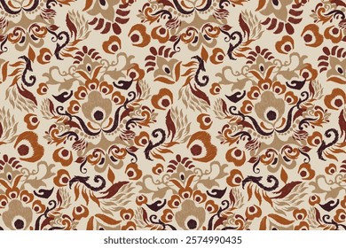 Damask seamless pattern,Ikat floral seamless pattern on brown background,vector illustration,Ikat ethnic oriental embroidery,Aztec style,baroque.design for texture,fab,clothing,decoration,fashion.