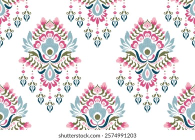 Damask seamless pattern,Ikat floral seamless pattern on white background,vector illustration,Ikat ethnic oriental embroidery,Aztec style,baroque.design for texture,fab,clothing,decoration,fashion,tile