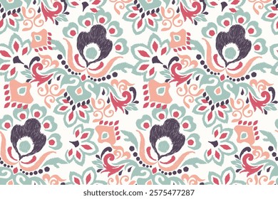 Damask seamless pattern,Ikat floral seamless pattern on white background,vector illustration,Ikat ethnic oriental embroidery,Aztec style,baroque.design for texture,fab,clothing,decoration,fashion,tile