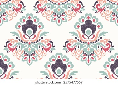 Damask seamless pattern,Ikat floral seamless pattern on white background,vector illustration,Ikat ethnic oriental embroidery,Aztec style,baroque.design for texture,fab,clothing,decoration,fashion,tile