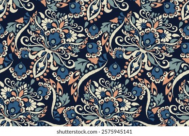 Damask seamless pattern,Ikat floral seamless pattern on black background,vector illustration,Ikat ethnic oriental embroidery,Aztec style,baroque.design for texture,fab,clothing,decoration,fashion,tile