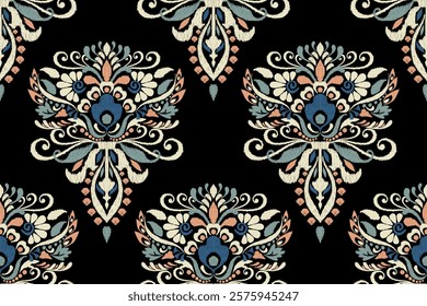 Damask seamless pattern,Ikat floral seamless pattern on black background,vector illustration,Ikat ethnic oriental embroidery,Aztec style,baroque.design for texture,fab,clothing,decoration,fashion,tile