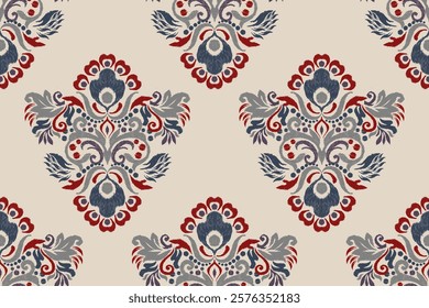 Damask seamless pattern,Ikat floral seamless pattern on brown background,vector illustration,Ikat ethnic oriental embroidery,Aztec style,baroque.design for texture,fab,clothing,decoration,fashion,tile