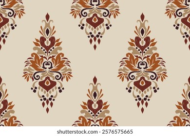 Damask seamless pattern,Ikat floral seamless pattern on brown background,vector illustration,Ikat ethnic oriental embroidery,Aztec style,baroque.design for texture,fab,clothing,decoration,fashion.