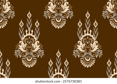 Damask seamless pattern,Ikat floral seamless pattern on brown background,vector illustration,Ikat ethnic oriental embroidery,Aztec style,baroque.design for texture,fab,clothing,decoration,fashion,tile