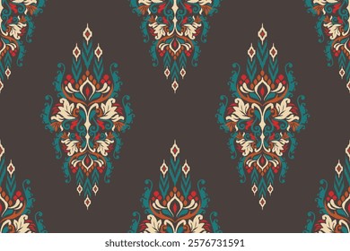 Damask seamless pattern,Ikat floral seamless pattern on black background,vector illustration,Ikat ethnic oriental embroidery,Aztec style,baroque.design for texture,fab,clothing,decoration,fashion,tile