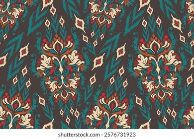 Damask seamless pattern,Ikat floral seamless pattern on black background,vector illustration,Ikat ethnic oriental embroidery,Aztec style,baroque.design for texture,fab,clothing,decoration,fashion,tile