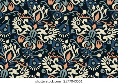 Damask seamless pattern,Ikat floral seamless pattern on black background,vector illustration,Ikat ethnic oriental embroidery,Aztec style,baroque.design for texture,fab,clothing,decoration,fashion,tile