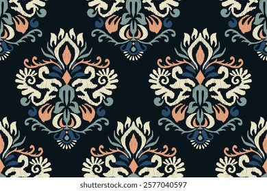 Damask seamless pattern,Ikat floral seamless pattern on black background,vector illustration,Ikat ethnic oriental embroidery,Aztec style,baroque.design for texture,fab,clothing,decoration,fashion,tile