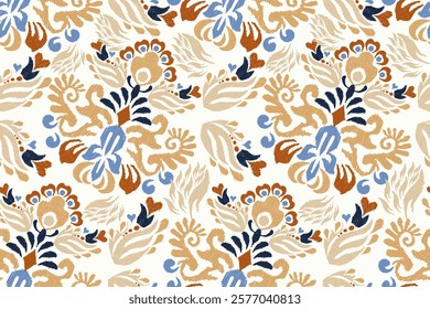 Damask seamless pattern,Ikat floral seamless pattern on white background,vector illustration,Ikat ethnic oriental embroidery,Aztec style,baroque.design for texture,fab,clothing,decoration,fashion,tile