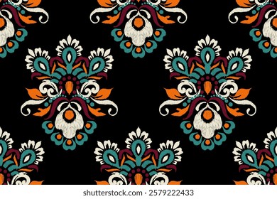 Damask seamless pattern,Ikat floral seamless pattern on black background,vector illustration,Ikat ethnic oriental embroidery,Aztec style,baroque.design for texture,fab,clothing,decoration,fashion,tile