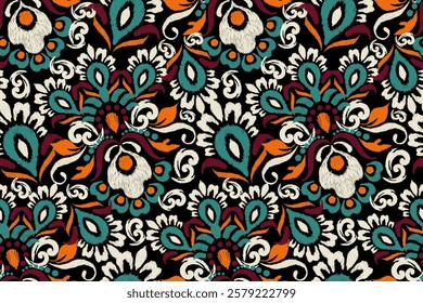 Damask seamless pattern,Ikat floral seamless pattern on black background,vector illustration,Ikat ethnic oriental embroidery,Aztec style,baroque.design for texture,fab,clothing,decoration,fashion,tile