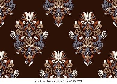 Damask seamless pattern,Ikat floral seamless pattern on brown background,vector illustration,Ikat ethnic oriental embroidery,Aztec style,baroque.design for texture,fab,clothing,decoration,fashion,tile