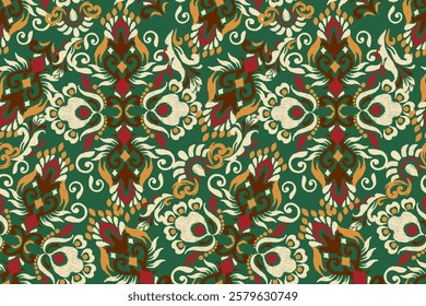 Damask seamless pattern,Ikat floral seamless pattern on green background,vector illustration,Ikat ethnic oriental embroidery,Aztec style,baroque.design for texture,fab,clothing,decoration,fashion,tile