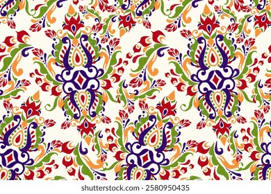 Damask seamless pattern,Ikat floral seamless pattern on white background,vector illustration,Ikat ethnic oriental embroidery,Aztec style,baroque.design for texture,fab,clothing,decoration,fashion,tile