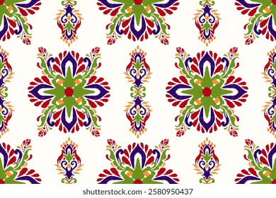 Damask seamless pattern,Ikat floral seamless pattern on white background,vector illustration,Ikat ethnic oriental embroidery,Aztec style,baroque.design for texture,fab,clothing,decoration,fashion,tile