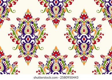 Damask seamless pattern,Ikat floral seamless pattern on white background,vector illustration,Ikat ethnic oriental embroidery,Aztec style,baroque.design for texture,fab,clothing,decoration,fashion,tile