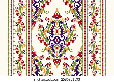 Damask seamless pattern,Ikat floral seamless pattern on white background,vector illustration,Ikat ethnic oriental embroidery,Aztec style,baroque.design for texture,fab,clothing,decoration,fashion,tile
