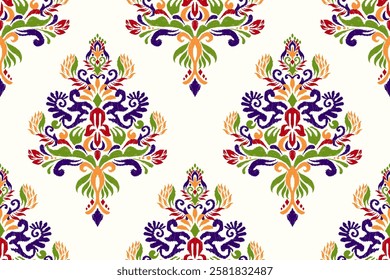 Damask seamless pattern,Ikat floral seamless pattern on white background,vector illustration,Ikat ethnic oriental embroidery,Aztec style,baroque.design for texture,fab,clothing,decoration,fashion,tile