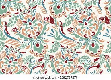 Damask seamless pattern,Ikat floral seamless pattern on white background,vector illustration,Ikat ethnic oriental embroidery,Aztec style,baroque.design for texture,fab,clothing,decoration,fashion,tile