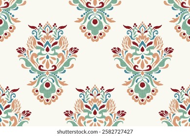 Damask seamless pattern,Ikat floral seamless pattern on white background,vector illustration,Ikat ethnic oriental embroidery,Aztec style,baroque.design for texture,fab,clothing,decoration,fashion,tile