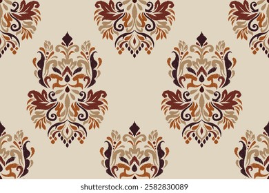 Damask seamless pattern,Ikat floral seamless pattern on brown background,vector illustration,Ikat ethnic oriental embroidery,Aztec style,baroque.design for texture,fab,clothing,decoration,fashion.