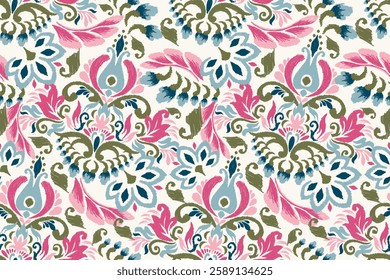 Damask seamless pattern,Ikat floral seamless pattern on white background,vector illustration,Ikat ethnic oriental embroidery,Aztec style,baroque.design for texture,fab,clothing,decoration,fashion.