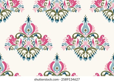 Damask seamless pattern,Ikat floral seamless pattern on white background,vector illustration,Ikat ethnic oriental embroidery,Aztec style,baroque.design for texture,fab,clothing,decoration,fashion.