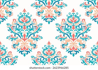 Damask seamless pattern,Ikat floral seamless pattern on white background,vector illustration,Ikat ethnic oriental embroidery,Aztec style,baroque.design for texture,fab,clothing,decoration,fashion,tile