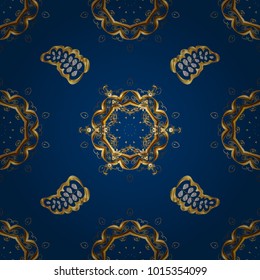 Damask seamless repeating background. Gold Wallpaper on texture background. Golden element on blue, brown and yellow colors. Gold floral ornament in baroque style.