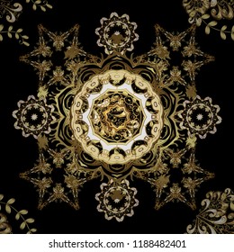 Damask seamless repeating background. Gold floral ornament in baroque style. Gold Wallpaper on texture background. Golden element on black, brown and beige colors.