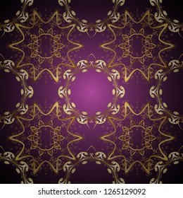 Damask seamless repeating background. Gold Wallpaper on texture background. Gold floral ornament in baroque style. Golden element on brown and purple colors.