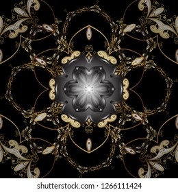 Damask seamless repeating background. Gold Wallpaper on texture background. Gold floral ornament in baroque style. Golden element on black and gray colors.