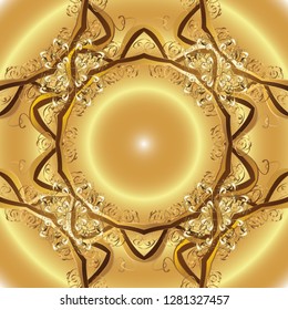 Damask seamless repeating background. Gold Wallpaper on texture background. Gold floral ornament in baroque style. Golden element on yellow and beige colors.