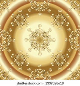 Damask seamless repeating background. Gold Wallpaper on texture background. Golden element on brown and beige colors. Gold floral ornament in baroque style.