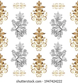 Damask seamless repeating background. Gold Wallpaper on texture background. Golden element on beige, brown and white colors. Gold floral ornament in baroque style.