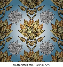 Color del fondo de repetición sin inconvenientes de Damask. Fondo de escritorio de oro sobre fondo de textura. Ornamento dorado floral de estilo barroco. Elemento dorado sobre colores neutros, azules y grises.