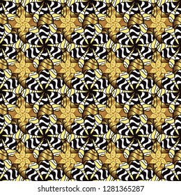 Damask seamless repeating background. Golden element on yellow and black colors. Gold Wallpaper on texture background. Gold floral ornament in baroque style.