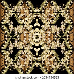 Damask seamless repeating pattern. Antique golden repeatable wallpaper. Golden element on black, brown and white colors. Gold floral ornament in baroque style.