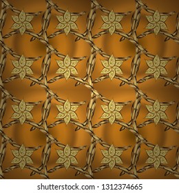 Damask seamless repeating pattern. Antique golden repeatable wallpaper. Gold floral ornament in baroque style. Golden element on yellow and brown colors.