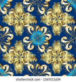 Damask seamless repeating pattern. Antique golden repeatable wallpaper. Golden element on blue and neutral colors. Gold floral ornament in baroque style.