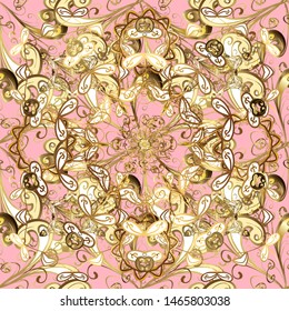 Damask seamless repeating pattern. Antique golden repeatable wallpaper. Golden element on neutral and beige colors. Gold floral ornament in baroque style.