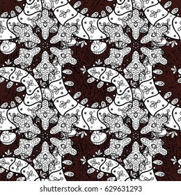 Damask seamless repeating pattern. Antique whiteen repeatable wallpaper. White element on brown background. White floral ornament in baroque style.
