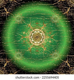 Damask seamless repeating pattern. Gold floral ornament in baroque style. Antique golden repeatable wallpaper. Golden element on brown, black and green colors.