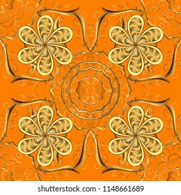 Damask seamless repeating pattern. Golden element on orange, yellow and brown colors. Gold floral ornament in baroque style. Antique golden repeatable wallpaper.