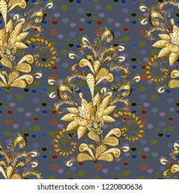 Damask seamless repeating pattern. Golden element on yellow, black and brown colors. Antique golden repeatable wallpaper. Gold floral ornament in baroque style.